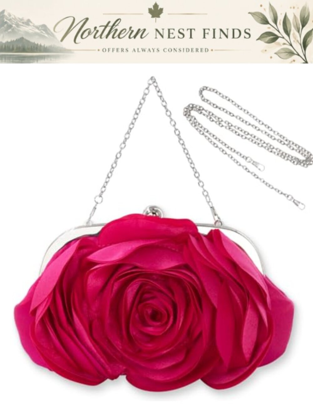 JAMBHALA Satin Floral Clutch Evening Handbag Detachable Chain Wedding Party